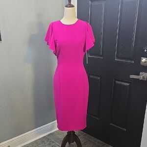 Pink Sheath Midi Dress with Flutter Sleeves